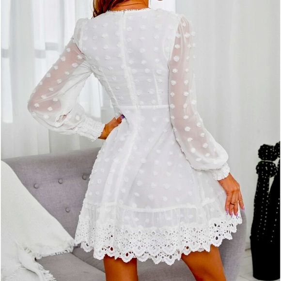SHEIN Swiss Dot Lace Trim-Shirred Cuff Dress. - Picture 3 of 12